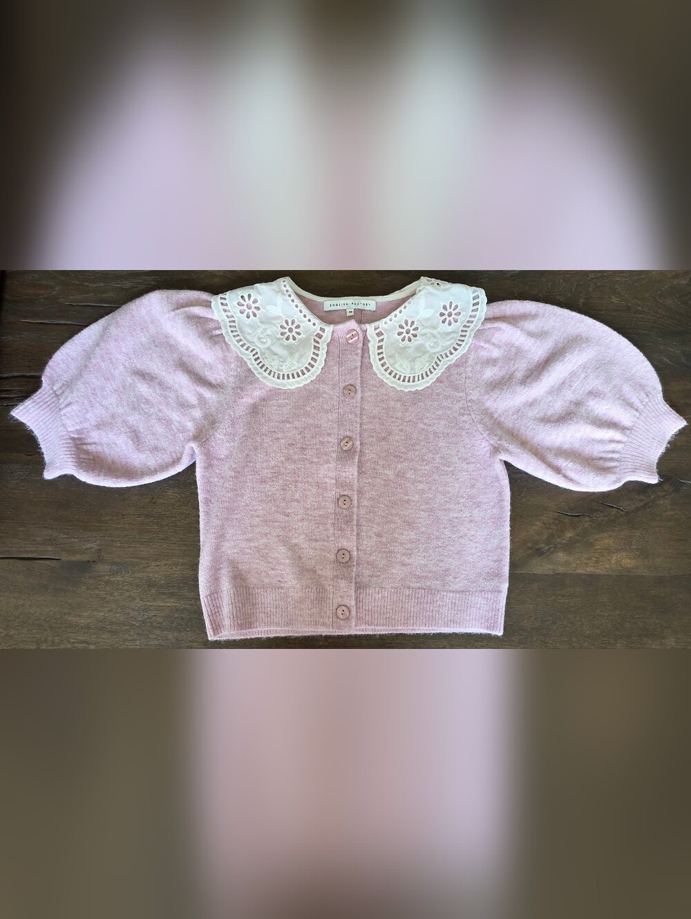 Anthropologie English Factory Puff Sleeve Peter Pan Collar Cardigan Pink Size M - Picture 3 of 9